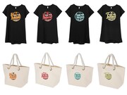 ロングカットソーとロープランチトート。それぞれ左から烏野高校、音駒高校、青葉城西高校、梟谷学園高校モデル。