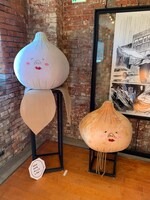 会場の様子。藤堂が自費で制作したという玉ねぎのぬいぐるみ。