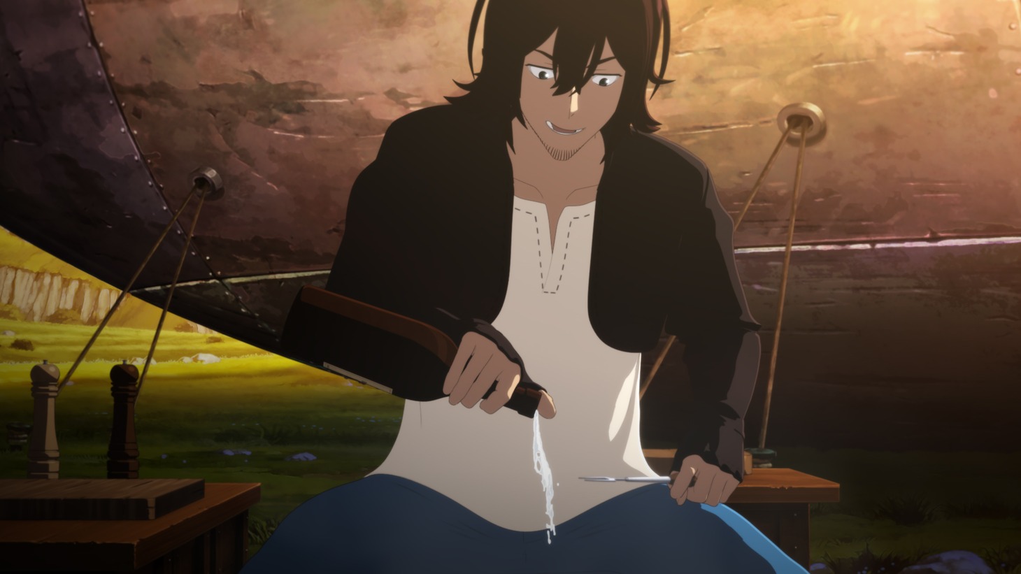 アニメ「空挺ドラゴンズ」ミカが“龍の尾身ステーキサンド“を作って食べる料理映像より。