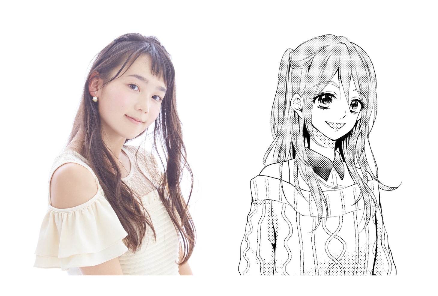 劇中のレイアと本人の比較画像。(c)中原幸 (c)柚木ウタノ/集英社