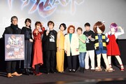 「『ゲゲゲの鬼太郎』51周年上映会inシアタス調布」にて。左から東映アニメーションの永富大地プロデューサー、犬山まな役の藤井ゆきよ、ねこ娘役の庄司宇芽香、ねずみ男役の古川登志夫、鬼太郎役の沢城みゆき、目玉おやじ役の野沢雅子、砂かけばばあ役の田中真弓、子泣きじじい役およびぬりかべ役の島田敏、鬼太郎、ねこ娘。