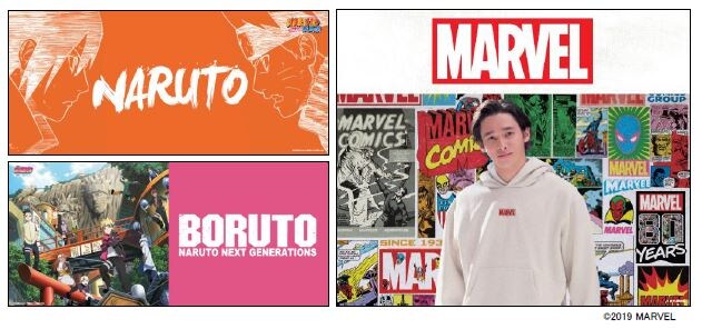 「NARUTO-ナルト-」コレクション、「BORUTO-ボルト- NARUTO NEXT GENERATIONS」コレクション、「MARVEL」コレクションのビジュアル。