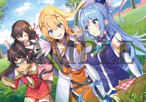 映画「この素晴らしい世界に祝福を! 紅伝説」Blu-ray限定版の予約特典として用意された、三嶋くろね描き下ろし特製レジャーシート。
