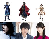 TVアニメ「キングダム」第3シーズンのキャラクタービジュアル。左上が信、下が森田成一。中央上がえい政、下が福山潤。右上が河了貂、下が釘宮理恵。