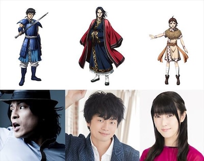 TVアニメ「キングダム」第3シーズンのキャラクタービジュアル。左上が信、下が森田成一。中央上がえい政、下が福山潤。右上が河了貂、下が釘宮理恵。