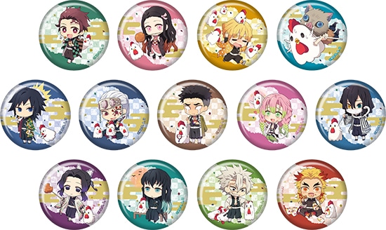 コラボ店舗限定グッズの缶バッジ（全13種）。(c)吾峠呼世晴／集英社・アニプレックス・ufotable (c)Lawson, Inc