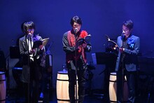 左からカスピエル役の朝霧友陽、メフィスト役の高橋広樹、インキュバス役の鈴木裕斗。