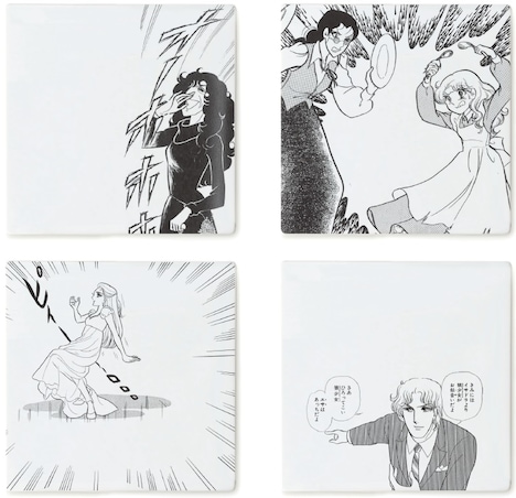 角皿。左上から時計回りに「高笑う月影先生」「マヤ『ヘレン・ケラー』サリバンとの戦い」「亜弓『ジュリエット』ひばりと戯れる」「真澄『イサドラ！』初日での企み」