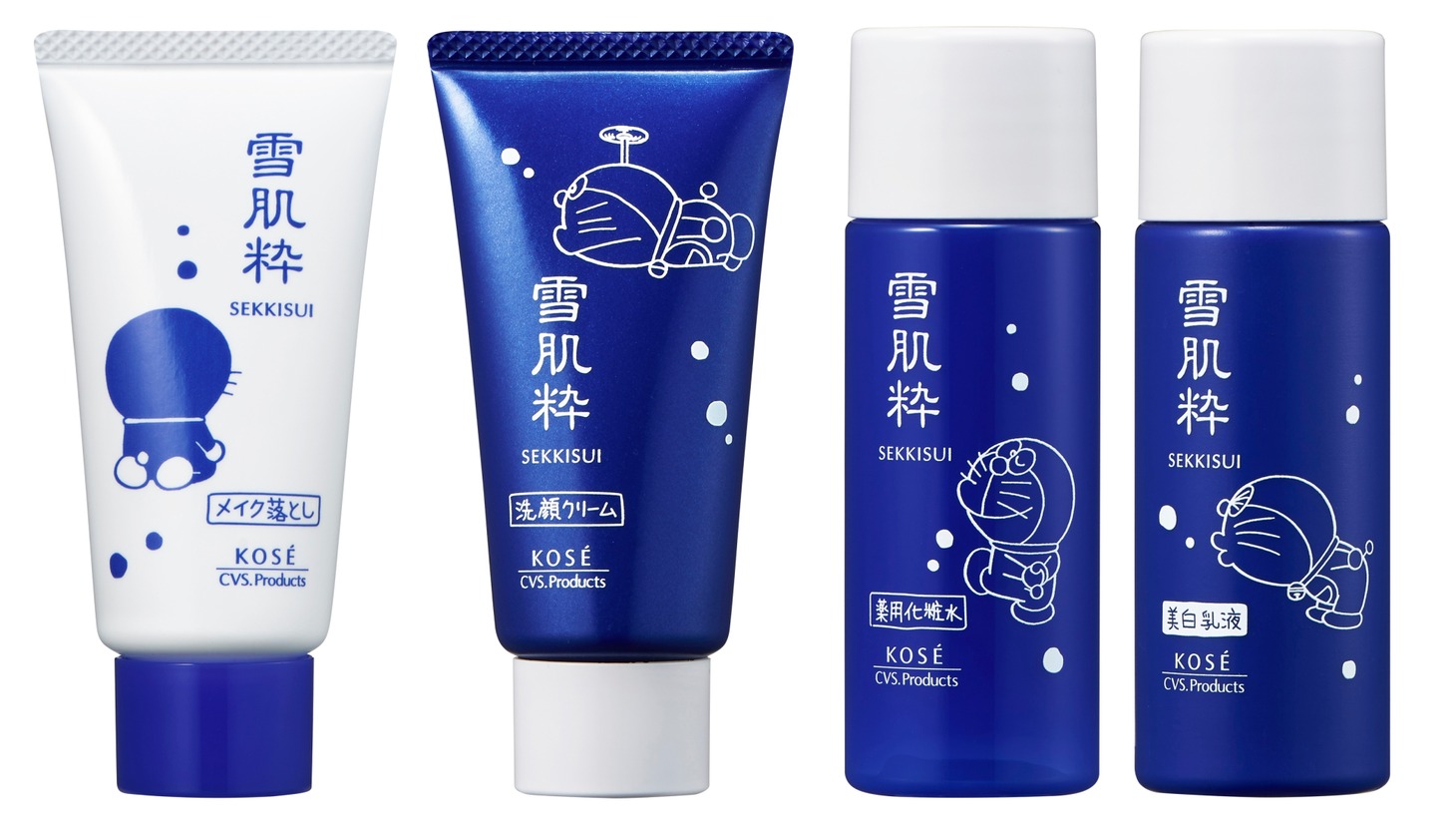 「ドラえもん」デザインが施されたクレンジング、洗顔クリーム、化粧水、乳液。