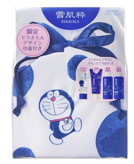 「ドラえもん」デザインが施された「雪肌粋 スキンケアセット D」。