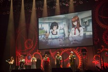 昼公演のボイスドラマの様子。左から後藤沙緒里、桃井はるこ、花澤香菜、今井麻美、関智一、小林ゆう。