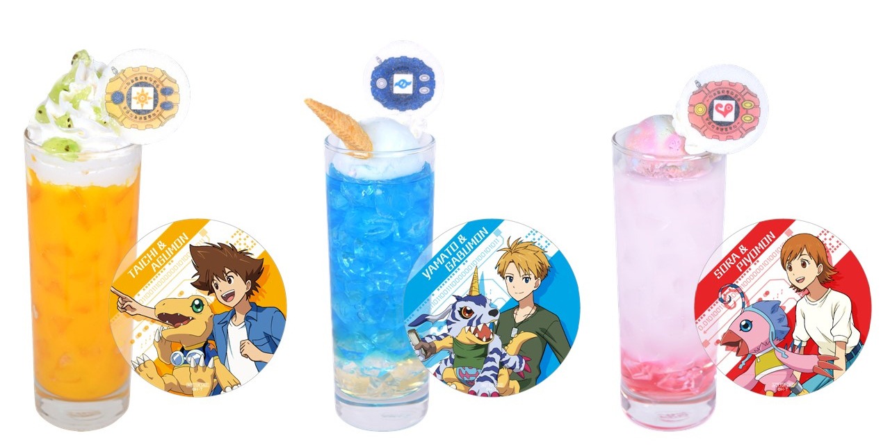 前期メニューのドリンク。左から「アグモン」、「ガブモン」、「ピヨモン」。