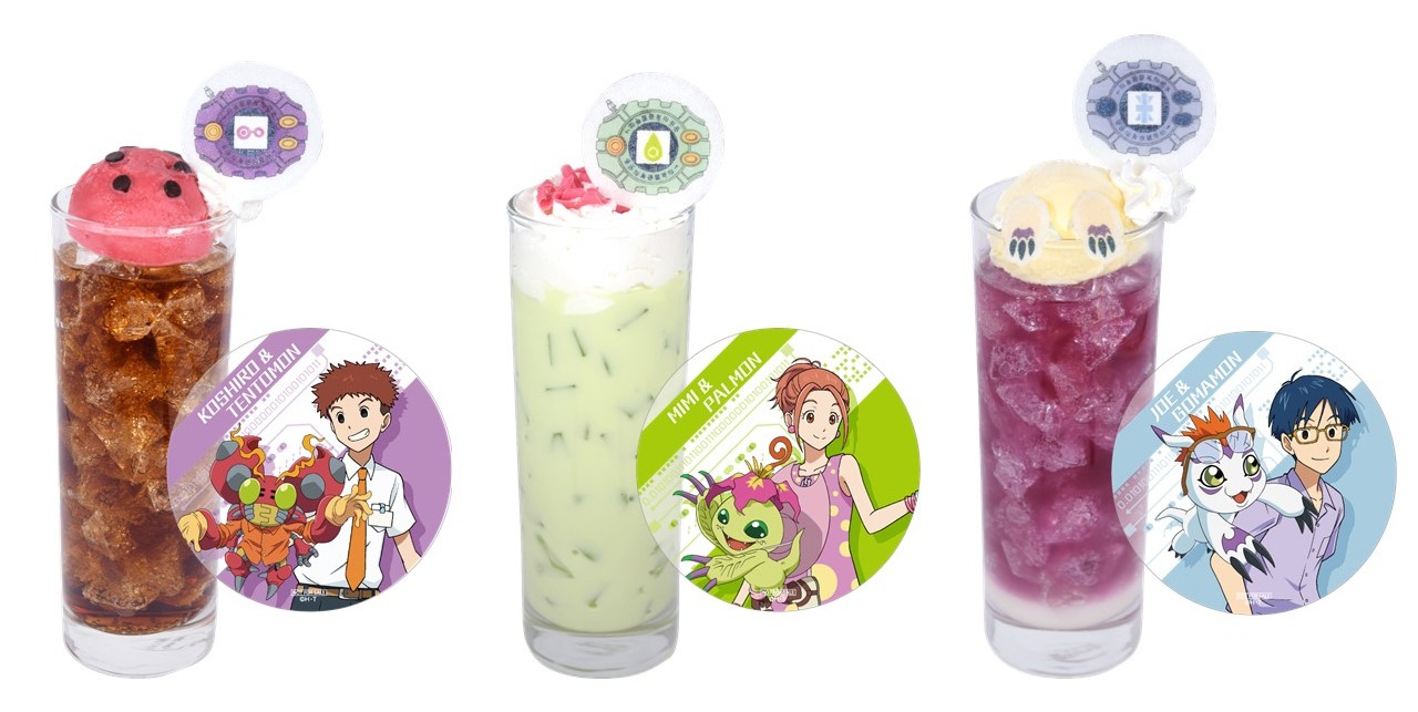 前期メニューのドリンク。左から「テントモン」、「パルモン」、「ゴマモン」。