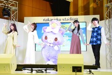 「SANRIO EXPO 2020」メディア向け発表会にて。左から月島まいら役の伊藤彩沙、日向ゆめ役の村上奈津実、みゅー、今井ことこ役の幸村恵理、南川朝陽役の小林裕介。