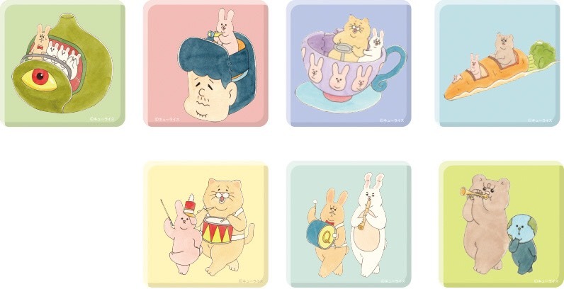 カプセルトイのスクエア缶バッジ（7種）。
