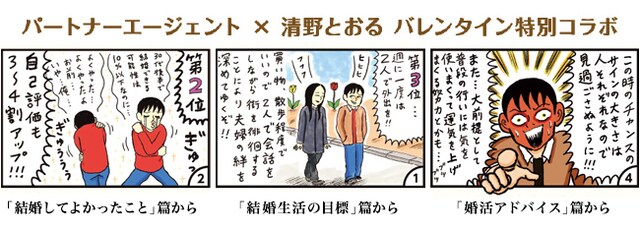 清野とおるとパートナーエージェントのコラボマンガの抜粋。全編はパートナーエージェントの公式サイトのほか、請求資料に封入されたポストカードに印刷されている。