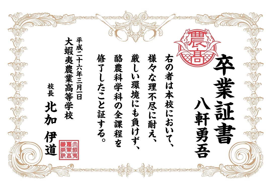 ポストカード大の卒業証書。