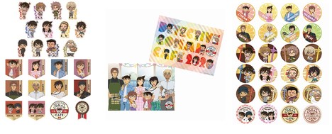 ノベルティのステッカー（左）、ランチョンマット（中央）、コースター（右）。