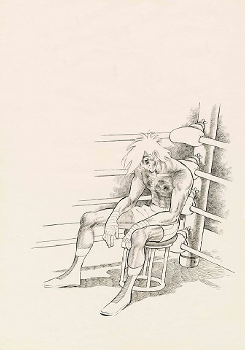 「まっ白な灰に・・・。」版画 (c)高森朝雄・ちばてつや／講談社