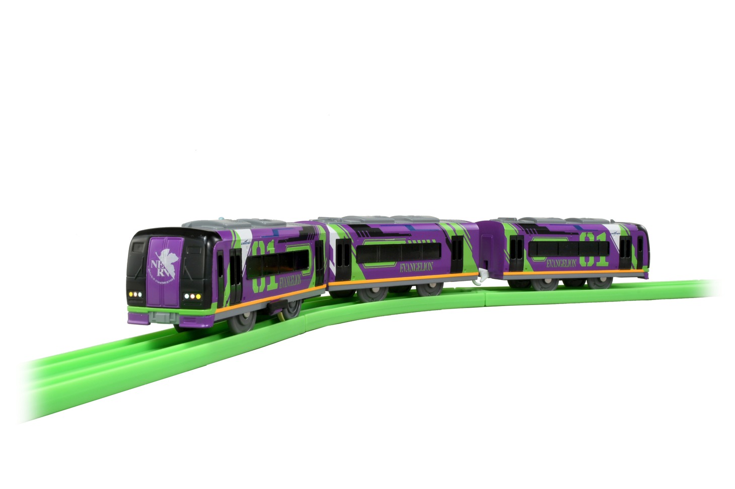 「ぼくもだいすき！たのしい列車シリーズ エヴァンゲリオン特別仕様ミュースカイ」をエコレールに乗せた様子。