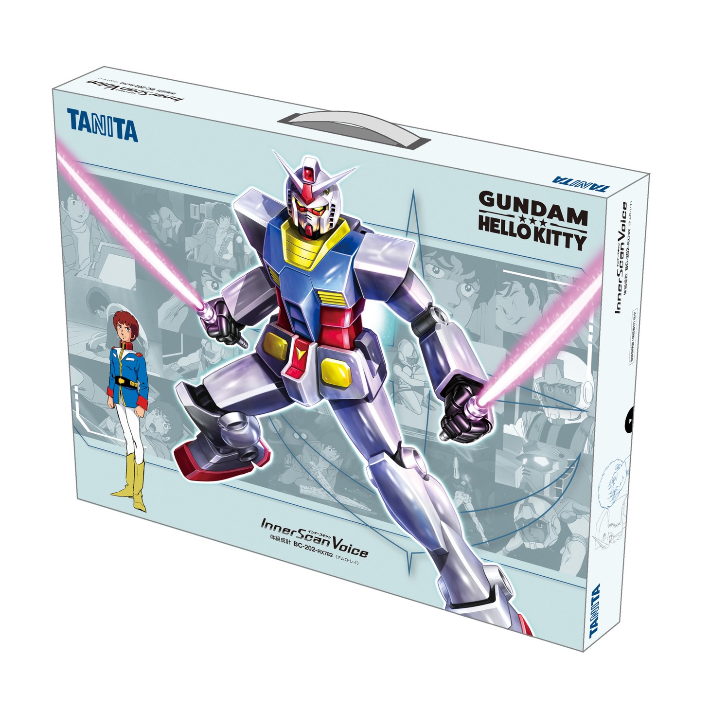 「ガンダム＆ハローキティ　ボイス体組成計 アムロ・レイ モデル」のパッケージ。