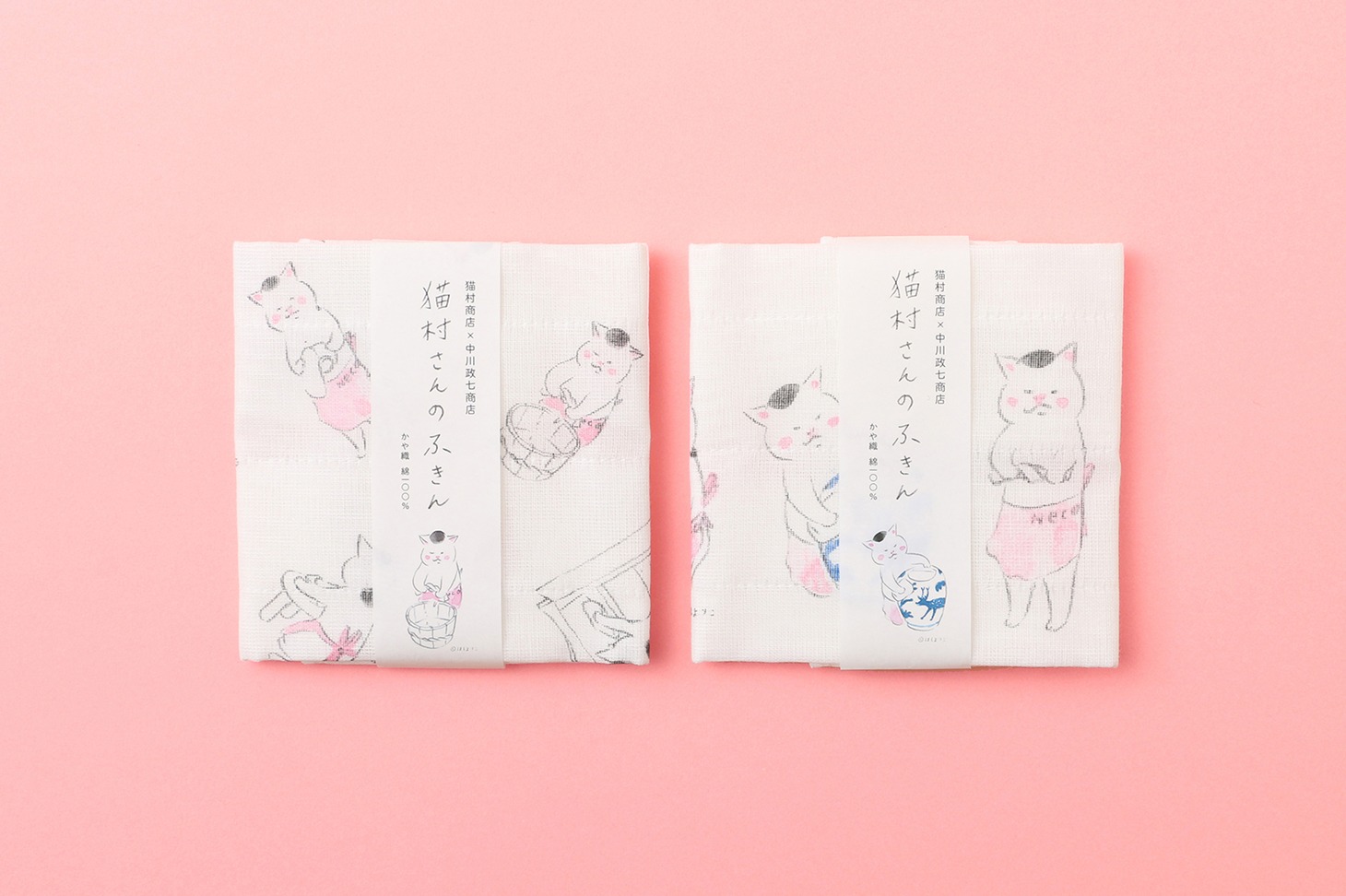 「猫村さんのふきん お手入れいろいろ」（左）、「猫村さんのふきん 拭き掃除」（右）。