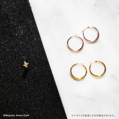 「ピエールの氷雪のピアス」(左)、「ショコラのルーンピアス」(右上)、「バニラのルーンピアス」(右下)。