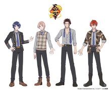 天上天下。左から杜若葵（CV：木村良平）、朴木十夜（CV：峰岸佳）、竜胆椿（CV：小野友樹）、斑尾巽（CV：斉藤壮馬）。