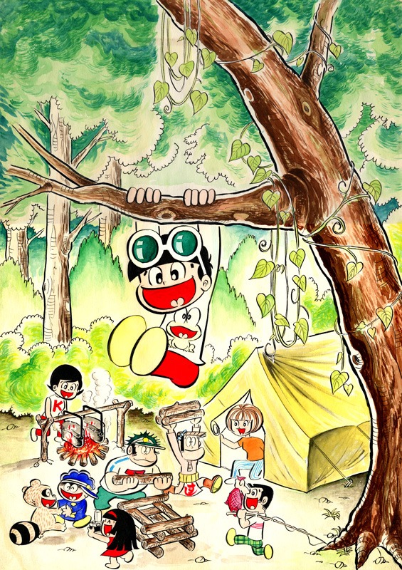 吉沢やすみ直筆サイン入り複製原画「ど根性ガエル 人気キャラクター勢ぞろい！」