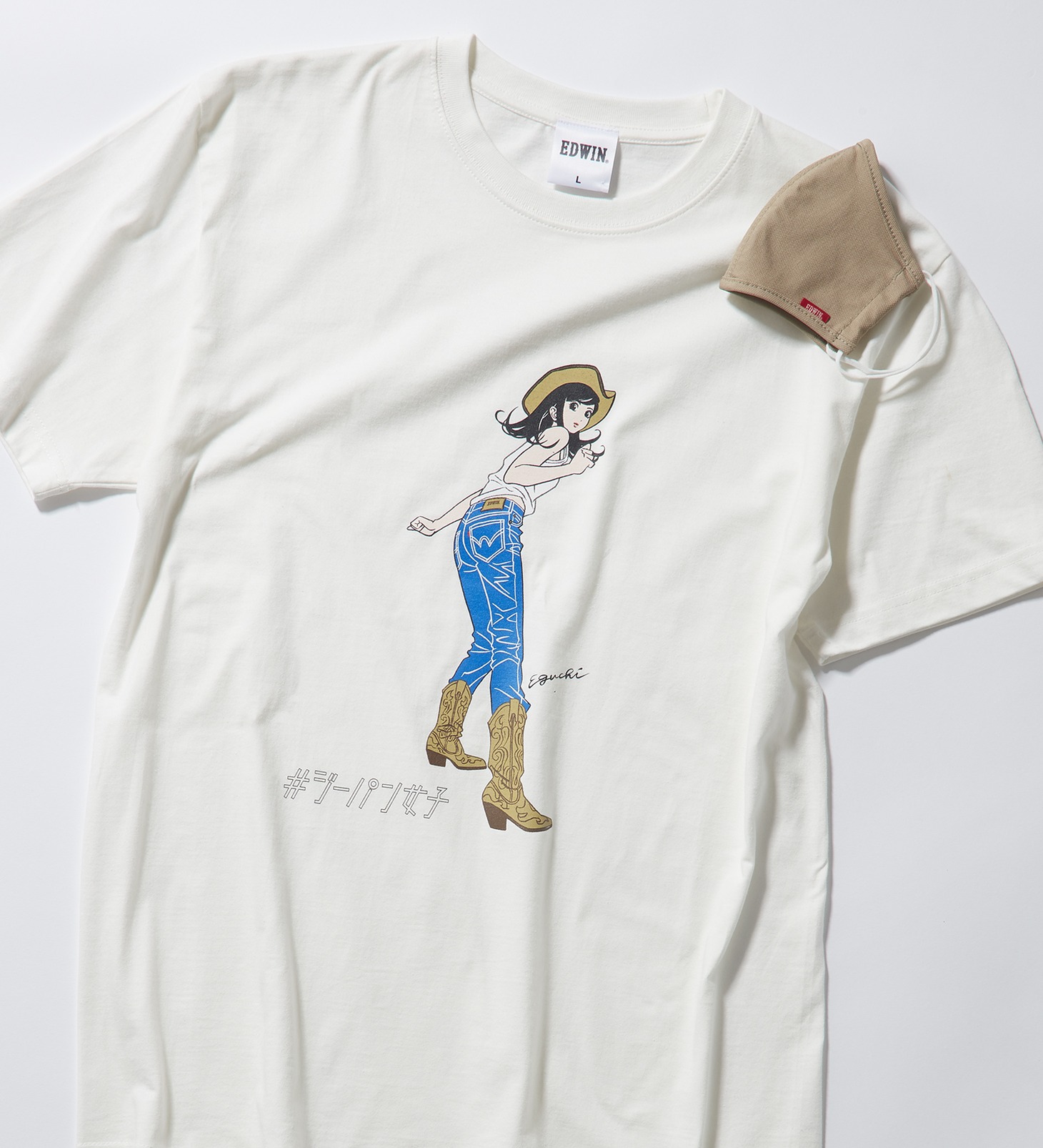 「ジーパン女子×江口寿史 Tシャツ 接触冷感マスク付き」ホワイト