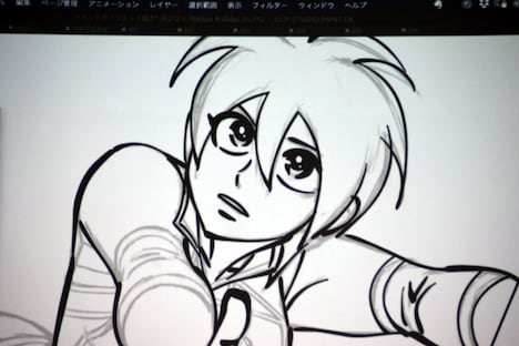 日本橋ヨヲコによる「少女ファイト」のイラストのライブドローイングの様子。