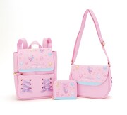 ミュークルドリーミー「キラキラレインボードリームデザインシリーズ」より、リュック、財布、ショルダーバッグ。