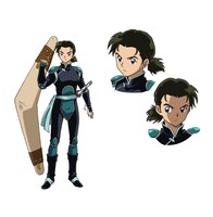 翡翠のキャラクター設定画。弥勒と珊瑚の息子。妖怪退治屋の一員として、せつなやとわ達と連係する。珊瑚が使っていた飛来骨の使い手。