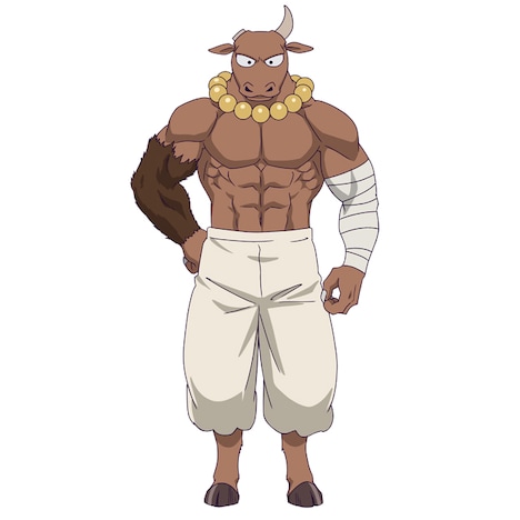 ミノタウロス（CV：山根雅史）。牛の頭とたくましい肉体を持つ魔獣族の魔物。魔王城内では常識人で、はりとげマジロたちとよくつるんでいる。かわいいものを目の前にすると、頭がお花畑になってしまう。