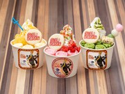 左から「アーサーのパイナップルロールアイス」「シンラのストロベリーロールアイス」「紅丸の抹茶ロールアイス」。