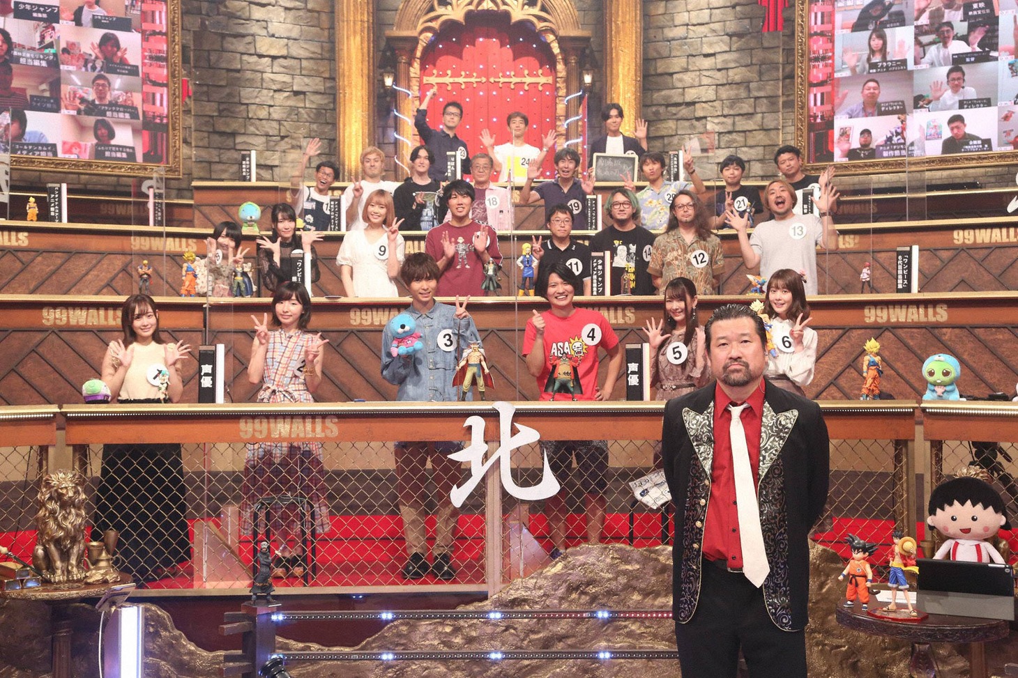 「超逆境クイズバトル!!99人の壁 秋のアニメ・漫画クイズSP」より。1段目左から星ノ谷しずく、洲崎綾、上村祐翔、山口竜之介、江原裕理、小坂井祐莉絵。2段目左から那谷柊優、ながえゆあ。