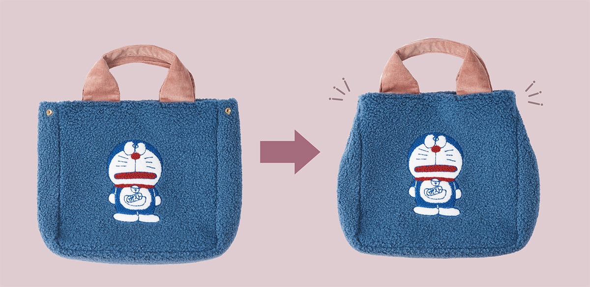 「ドラえもんもこもこトート」はサイドホックのボタンで形を変えることができる。