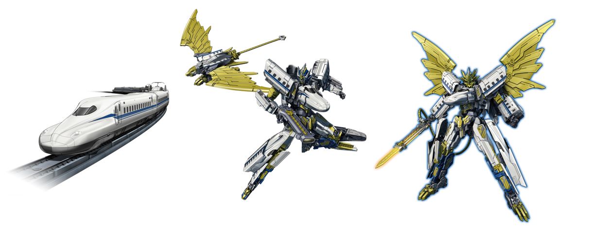 アニメーション内デザイン。左からシンカンセンモード、シンカリオンモード、スプリームモード。