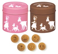 缶入りプリントクッキー「とことこレインボー柄」はピンクとブラウンの2色展開。