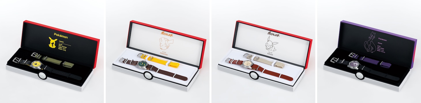 「セイコー＆ポケモン スペシャルモデル」と、商品に付属するボックス、ナイロンストラップ。