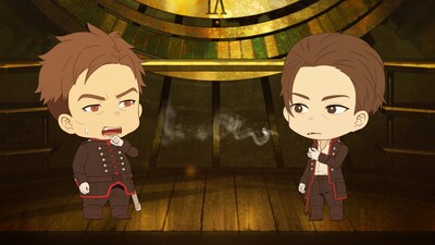 ミニアニメ第1話「ぜろきかん日報11月××日」の場面写真より。左が山上徳一（CV：山寺宏一）、右が前田義信（CV：諏訪部順一）。