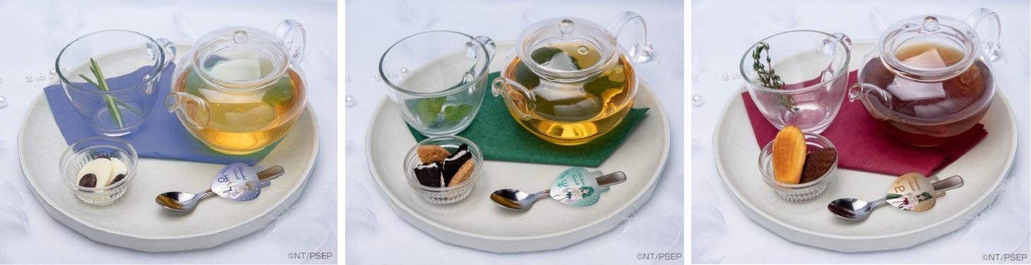 左から「はるかのEternalホットティー（カモミール）」「みちるのEternalホットティー（緑茶）」「せつなのEternalホットティー（ほうじ茶）」。