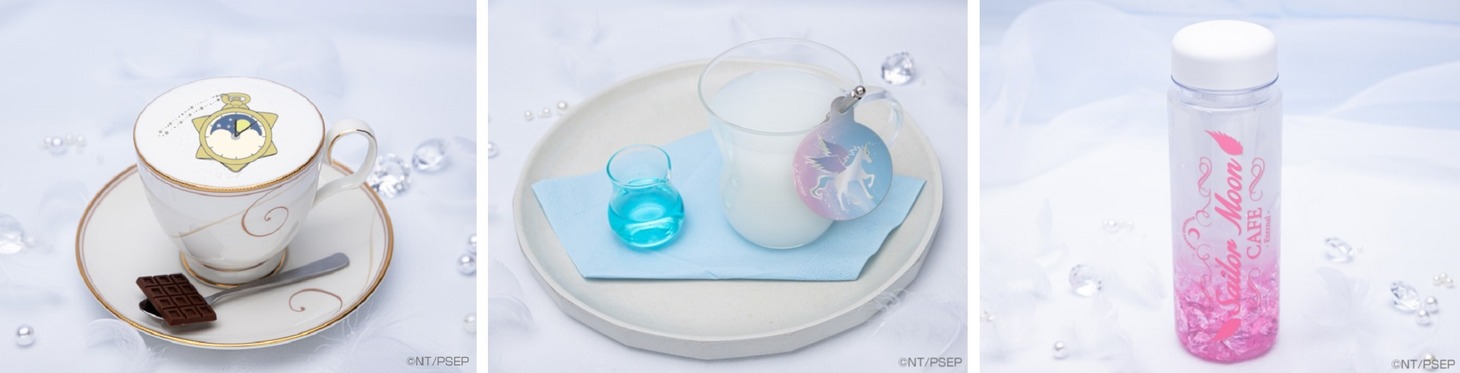 左から「衛のカフェラテ チョコレートを添えて」「ペガサスのふしぎなドリンク」「ETERNAL MEMORIESピンクカルピス」。