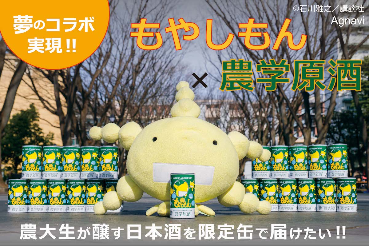 「もやしもん」と「農学原酒」がコラボしたクラウドファンディングの告知ビジュアル。