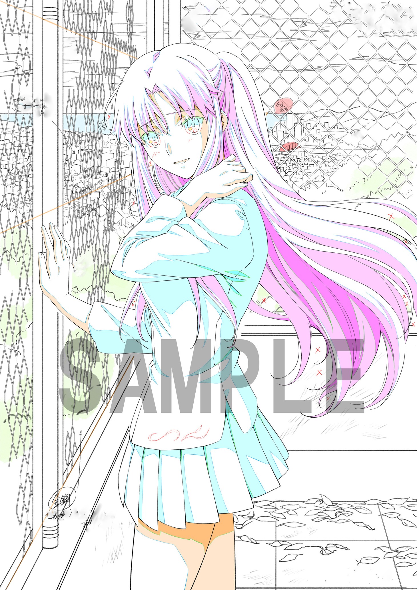 とらのあなでの購入者に配布されるB2タペストリーに使用されるイラストの線画。