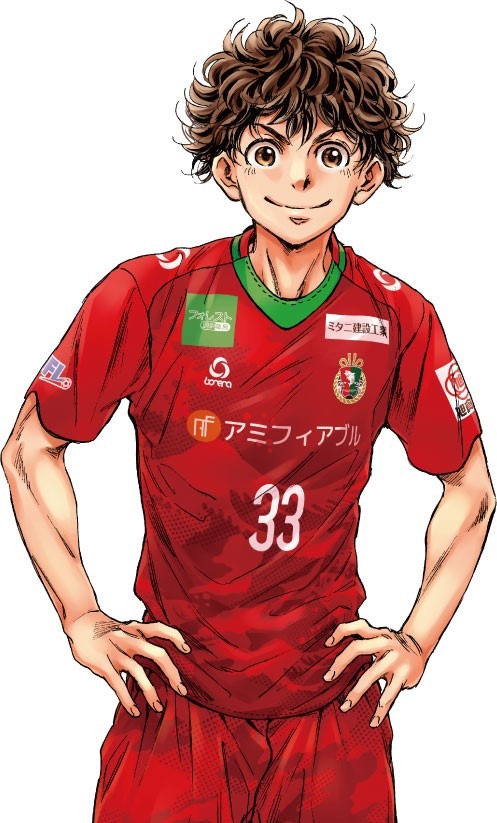 トレーニングウェアにも掲出された、「アオアシ」の主人公・青井葦人のイラスト。