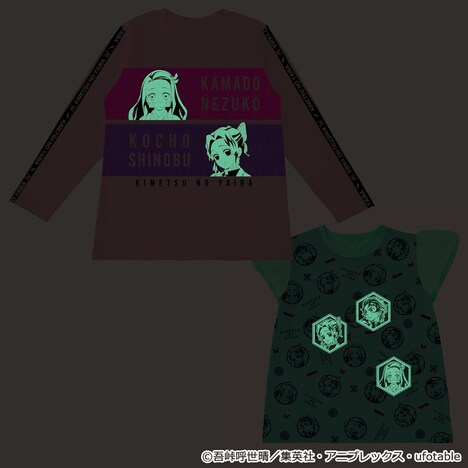 「鬼滅の刃 光る！2TOPSパジャマ（女児向け）ピンク」蓄光イメージ