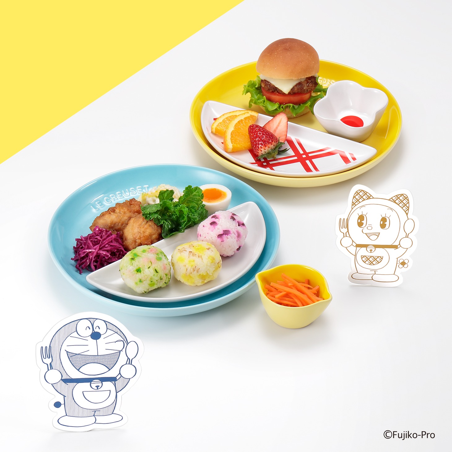 「ドラえもん」とル・クルーゼのコラボアイテムのイメージ。