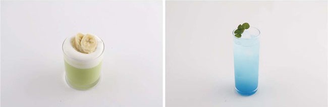 左から「利津のほっこり抹茶ミルク」「あの空のようなブルーソーダ」 (c)高屋奈月/白泉社