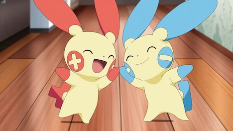 TVアニメ「ポケットモンスター」4月9日の放送回より、左からプラスル、マイナン。(c) Nintendo・Creatures・GAME FREAK・TV Tokyo・ShoPro・JR Kikaku (c) Pokemon